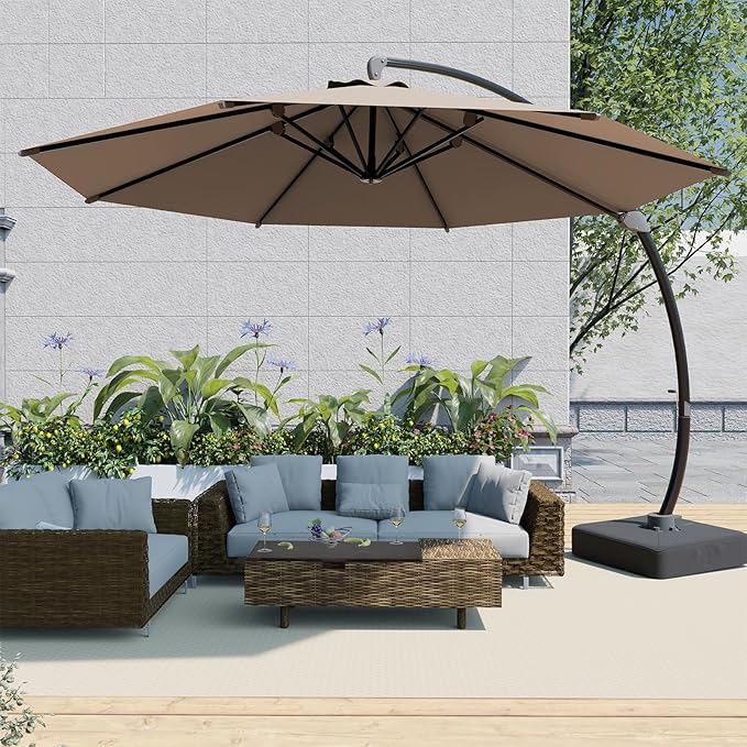 Outdoor Patio Umbrella with Sand Bag Included, 11 FT Deluxe Curvy Cantilever Umbrella Offset Hanging Umbrella with 360° Rotation for Market, Pool, Garden, Backyard, Deck