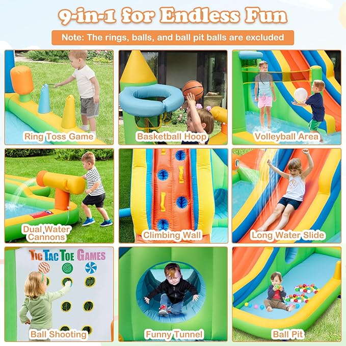 BOUNTECH Inflatable Water Slide, Elephant Surfing Slide Kids Water Park Jump Bouncy Castle w/2 Splash Pools, Hide & Seek Cave, GFCI Blower, Water Slides Inflatables for Big Kids Outdoor Backyard Gifts