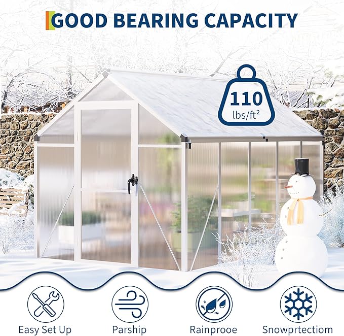 6x10 FT Greenhouse for Outdoors, Polycarbonate Flower Greenhouse with Roof Vent, Push-Pull Lockable Door, Aluminum Walk-in Greenhouses for Outside Garden Backyard, Patio, Lawn, Silver