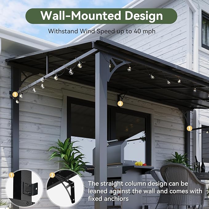 Aoxun 10' x 12' Lean to Gazebo, Hardtop Outdoor Pergola with Sloping Galvanized Steel Roof, Large Wall-Mounted Heavy Duty Awnings for Patio, Backyard, Deck, Porch (Black)
