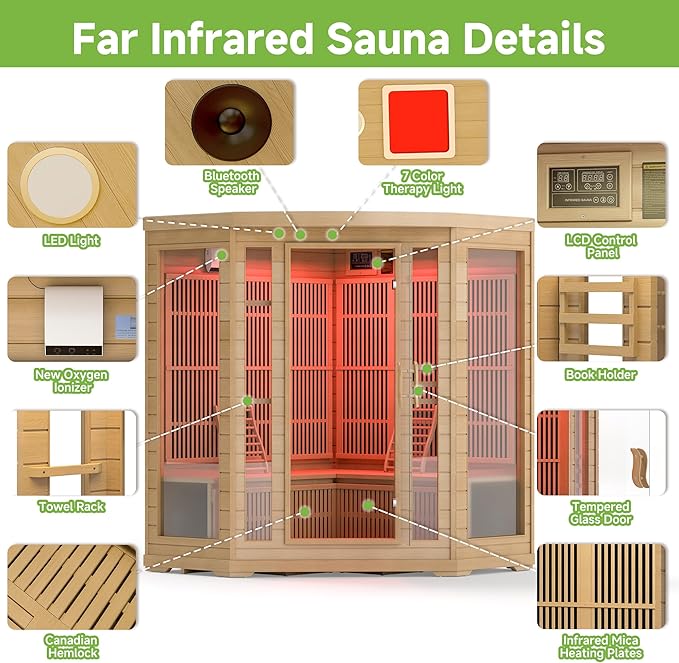 Infrared Sauna Room for Home, 4 Person Indoor Home Sauna Spa, Far Infrared Canadian Wooden Corner Saunas with 10 Low Emf Heaters, Bluetooth Speakers, 7 Color Chromotherapy Lights