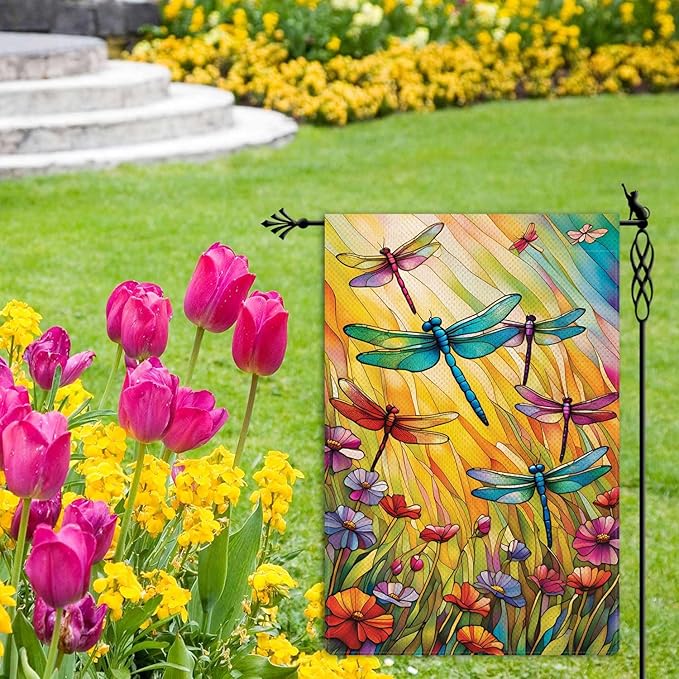 Spring Summer Dragonfly Garden Flag Floral Flowers Garden Flag Vertical Double Sided Rustic Farmland Burlap Yard Lawn Outdoor Decor 12.5x18"