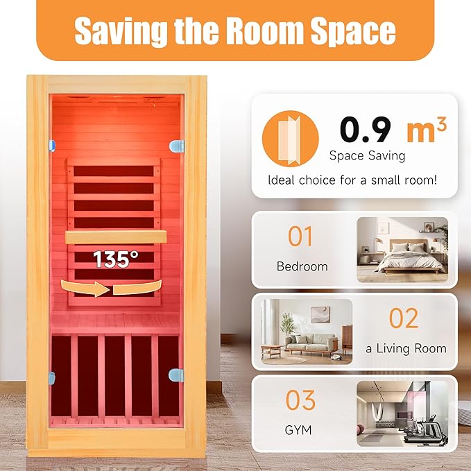 Far Infrared Sauna Home Sauna Room Canadian Hemlock Indoor 1 Person Sauna 900W 110V with Red Light Bluetooth Speakers 28.35"x32.28"x61.42"