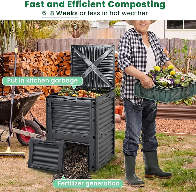 Compost Bin Outdoor, 80 Gallon Garden Compost Bin with Top Lid & Bottom Door, Aerating Outdoor Compost Box Waste Container Barrel Fertilizer for Garden & Yard (Black)
