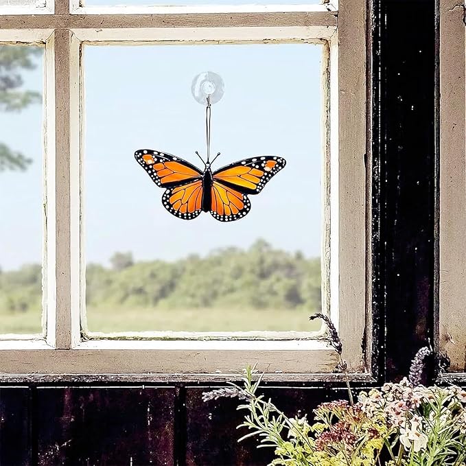 2024 New Handmade Stained Glass Butterfly Suncatcher, Sun Catcher Hanging for Car, Butterfly Decorations and Gifts for Women (C-Orange)