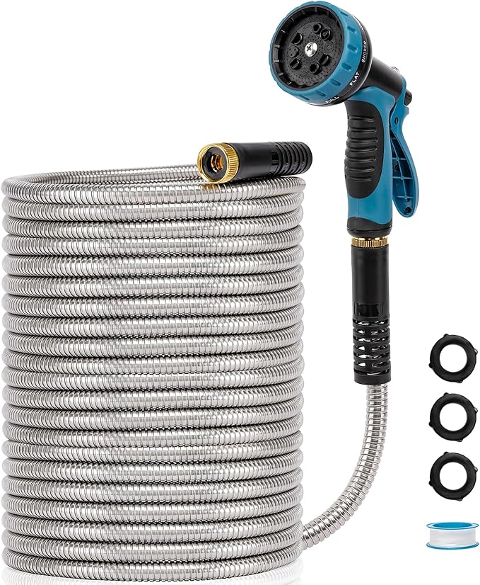 Metal Garden Hose 100 FT, Stainless Steel Hose, Water Hose with 10 Function Nozzle, No Kink & Tangle, Easy to Use & Store, Heavy Duty Lightweight Outdoor Hose
