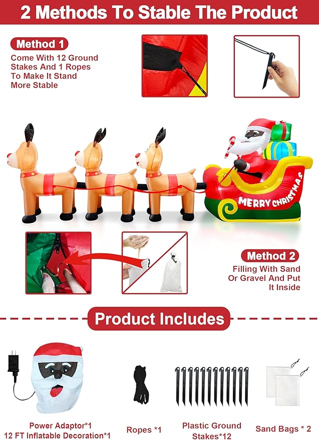 TURNMEON 12 Foot Long Christmas Inflatables Outdoor Decorations Black Santa Claus on Sleigh with Three Reindeer & Gift Box Inflatable Christmas Built-in LED Lights Blow Up Xmas Yard Lawn Garden Decor