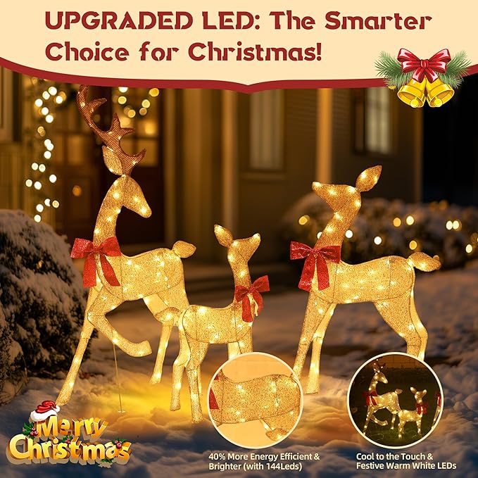 4.5Ft Lighted Reindeer Outdoor Christmas 2D Deer Family Sets Outdoor Reindeer Christmas Yard Decoration with LEDs/Stakes/Zip Ties for Holiday Patio Lawn Garden