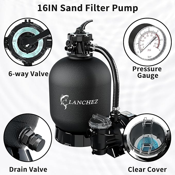 LANCHEZ 16" Sand Filter Pump for Above Ground Pool with Timer, 1.5 HP, Max 4900 GPH for Pools Up to 16000 GAL, 6-Way Valve Pool Sand Filter System, Enhanced Circulation for Crystal-Clear Pool