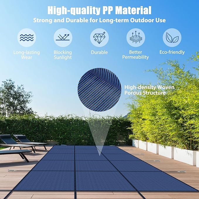 Inground Pool Cover Safety Fits Rectangle Swimming Pool, Mesh Solid Pool Cover for Inground Pools,Winter Pool Safety Cover Includes Safety Net and Installation Tools Blue (Blue, Fits 16x36ft Pools)
