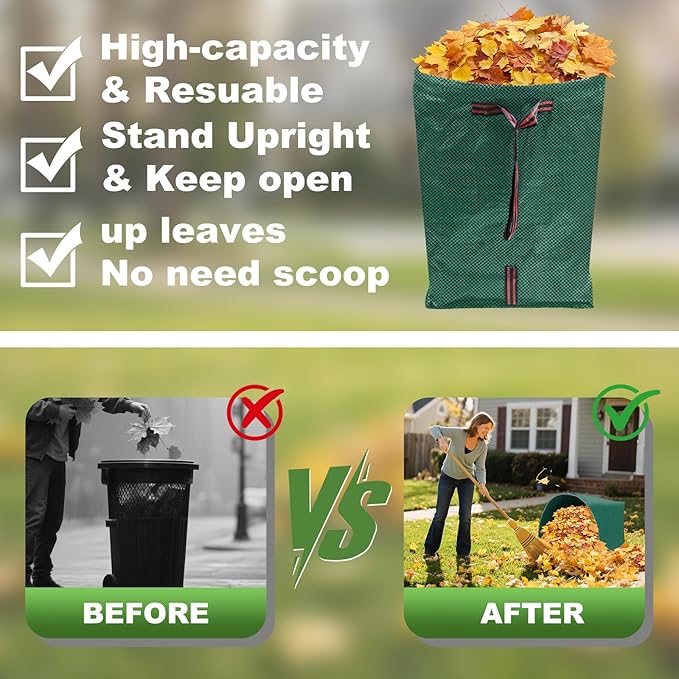 4Pack 40 Gallon Dustpan Type Lawn Bags Reusable Collapsible Heavy Duty Leaf Bags Yard Waste bags Collecting Leaves Lawn Grass Branches