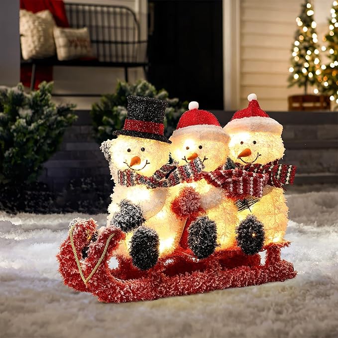 LuxenHome 30" H Lighted Snowman Outdoor Christmas Decorations, Prelit Frosted Snowman Family Trio on Sled Christmas Decor, Illuminated Christmas Decorations Outdoor and Indoor for Yard, Lawn, Porch