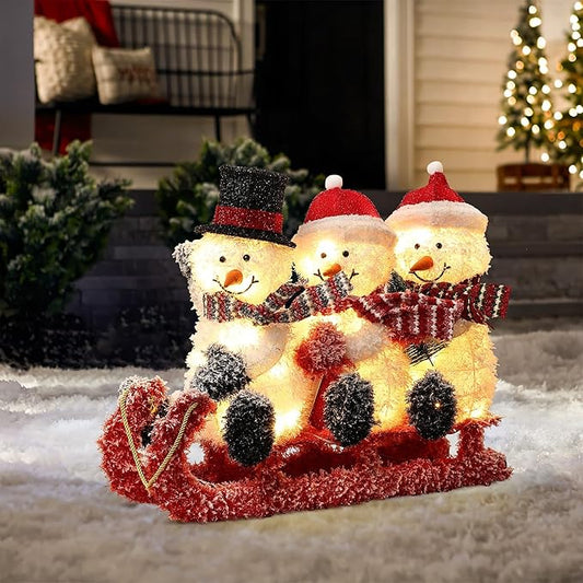 LuxenHome 30" H Lighted Snowman Outdoor Christmas Decorations, Prelit Frosted Snowman Family Trio on Sled Christmas Decor, Illuminated Christmas Decorations Outdoor and Indoor for Yard, Lawn, Porch