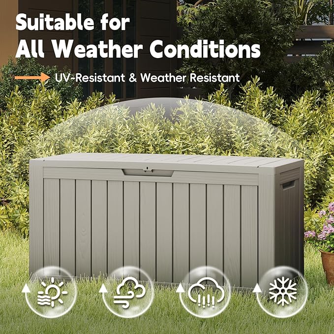 Outdoor Storage Box, 72 Gallon Deck Box Waterproof, Resin Patio Storage Bin for Package Delivery, Patio Furniture Cushion, Garden Tools, Pool Accessories, Weatherproof, Grey