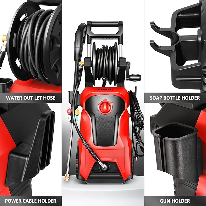 DNA MOTORING TOOLS-00229 Up to 2176 PSI Pressure 2.4 GPM Max Flow Electric Pressure Washer for Yard and Car Cleaning with Spray Nozzle Foam Bottle + 4 Turbo Nozzles IPX5 Driveway Patio Deck(Red)