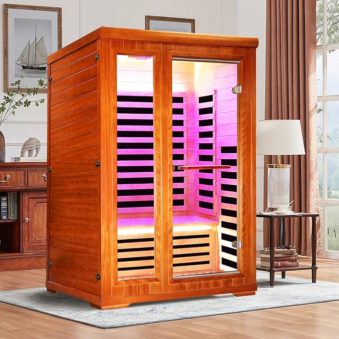 2 Person Sauna Infrared Sauna Room Far Infrared for Sauna Home Indoor 1880W/110V Low-EMF Wood Okoume Dry Sauna Two Person Sauna with Air Hole, 7 Color Therapy, Speaker (47.2 * 41.3 * 74.8 in)