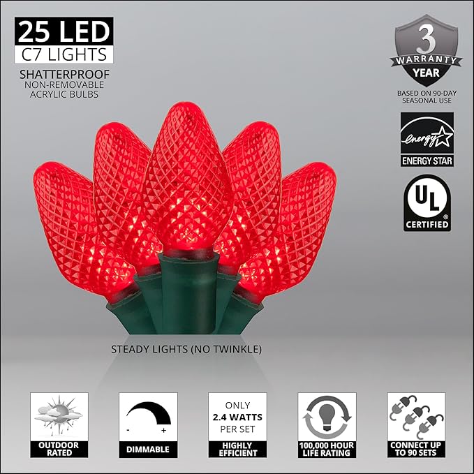 Wintergreen Lighting 25 C7 Red LED Christmas Lights, 17 Ft – Indoor Outdoor Red C7 String Lights for Christmas, Valentine’s Day, and Party Decor