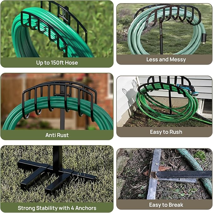 Garden Hose Holder Detachable Heavy Duty Metal Water Hose Hanger, Freestanding Hose Storage Stand Rack for Outside (Black)