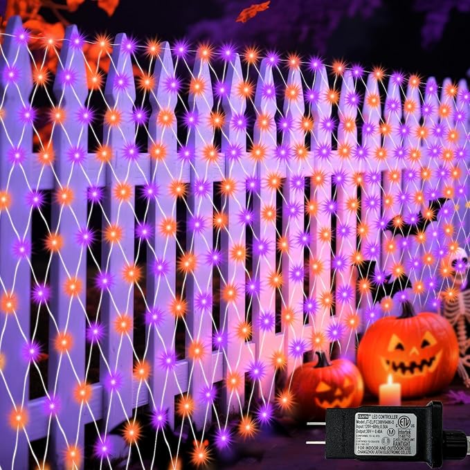 510LED Halloween Net Lights, 27.9ft x 5ft Outdoor Mesh Lights Purple Orange Clear Wire, 8 Modes & Timer, Waterproof Connectable String Lights for Bushes Xmas Tree Garden Holiday Party