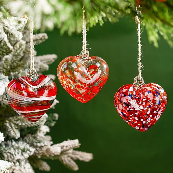4inch Hand Blown Glass Red Heart Ornaments Hanging Friendship Hearts for Patio Garden Outdoor Decor Unique Gift for Mom