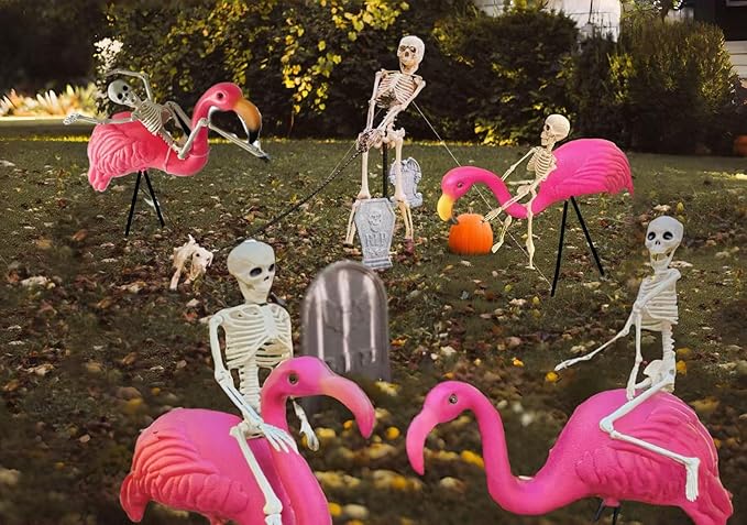 GIFTEXPRESS 8‑Piece Halloween Yard Decorations – 4 Posable 16 inch Skeletons + 4 Pink Flamingo Lawn Ornaments with Rust‑Resistant Stakes & Pink Zip Tie, Outdoor Garden Statues, Spooky Graveyard Decor