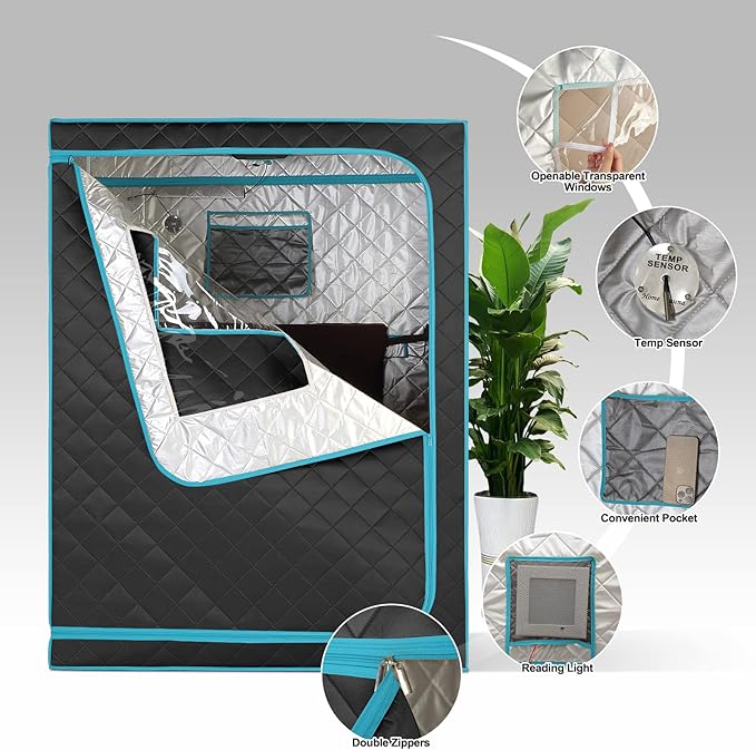 Smartmak Portable Far Infrared Sauna, Home Two Person Sauna Box with 660nm Red Light Therapy Lamp, X-Large Full Size Indoor SPA Tent for Body Recovery, Remote Control, 2 Folding Chairs, Blackgreen