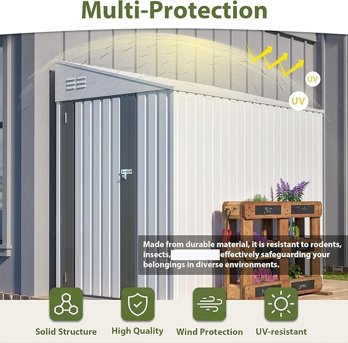 4x7 Ft Outdoor Storage Shed - Heavy Duty Metal Garden Shed, Galvanized Steel with Weather Protection, Lockable Tool & Bike Storage, Space-Saving Lean-to Design for Backyard (White)