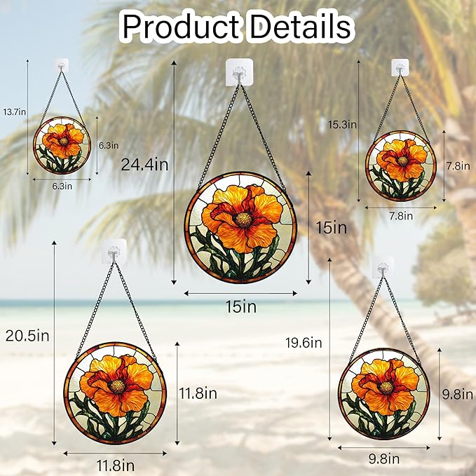 Stained Glass Window Hanging - Orange Poppy Birth Flower Suncatcher for Door Garden Yard Retro Sun Catchers Decor Christmas Mother's Day Birthday Gifts for Women Mom Nana Friend 6.3 in