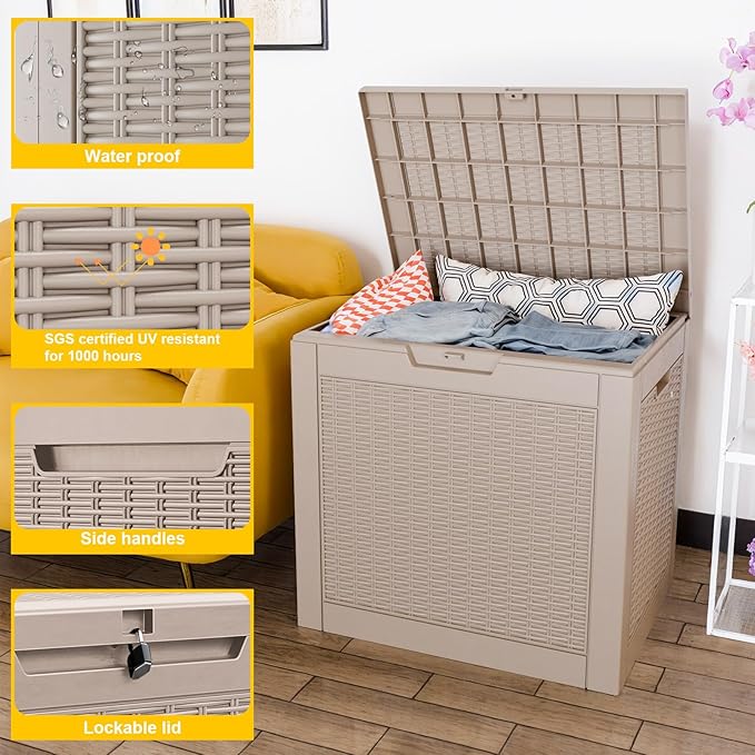 30 Gallon Wicker Pattern Resin Deck Box, Lockable Patio Outdoor Storage Box for Furniture, Garden Tools and Tools Storage, Waterproof Outside Storage Box - Grey Rattan