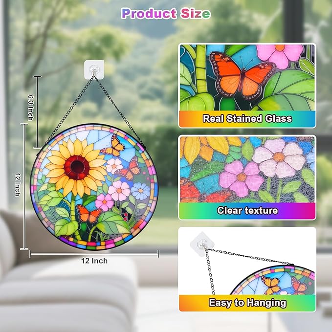 Sunflower Stained Glass Window Hanging Suncatcher – Round Floral Glass Panel for Window, Garden, Wall Decor – Sunflower Gift Suitable for Birthdays and Mother's Day (12 Inch)