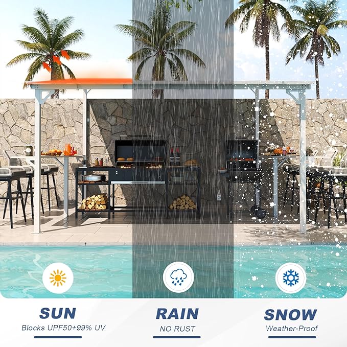 MEISSALIVVE 10' x 12' Wall Mounted Gazebo, Outdoor BBQ Grill Gazebo with Side Shelf, Lean to Metal Awnings with Sloped Roof, Heavy Duty Pergola for Backyard, Deck, White