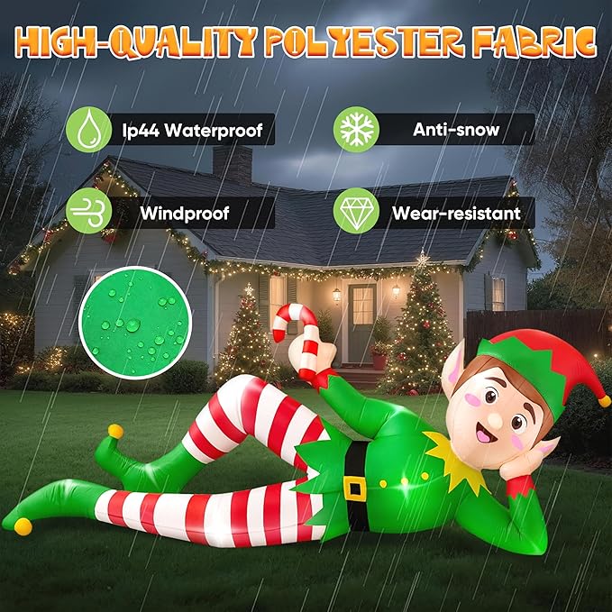 8 FT Christmas Inflatable Outdoor Decoration, Lying Elf Christmas Blow up Yard Decorations with LED Lights, Elf Inflatable Outdoor Decoration for Garden Lawn Roof Xmas Decorations