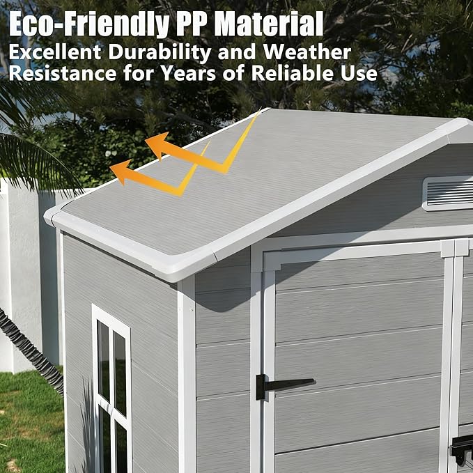 Outdoor Shed 5x3/6x4/7x7/8x6/8x10/8x12 FT, 15MM Thick PP Resin Plastic Shed with Lockable Door & Floor - Waterproof Plastic Tool Shed for Bike, Garbage Can, Backyard, Patio ﻿ ﻿ (Grey, 6x4FT)