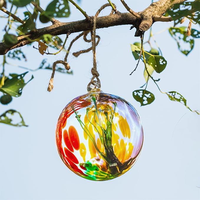 4” Tree of Life Witch Balls, Gazing Balls Hanging Friendship Balls, Hand-Blown Glass Christmas Ornament for Window Outdoor Home Decor, Garden Decoration, Gifts for Women (Yellow