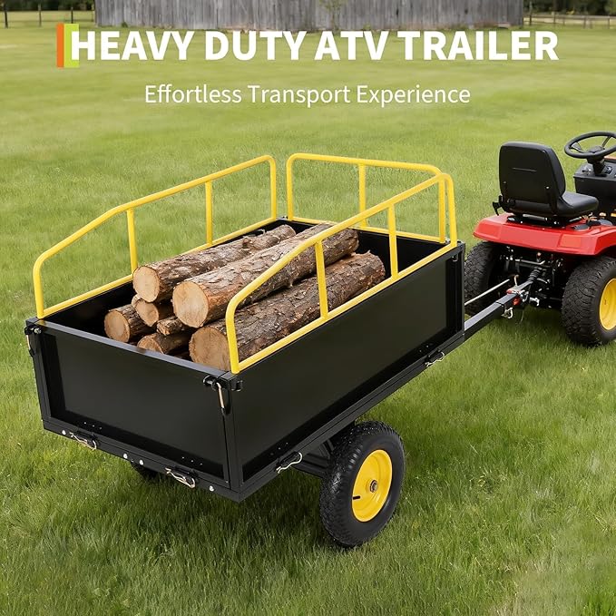 GarveeLife Lawn Mower Trailer ATV Dump Cart Tow Behind, 750 Lb Utility Garden Cart, 17 Cu.Ft, Heavy Duty Steel Garden Utility Trailer with Removable Sides for Atvs, Utvs Lawn Garden Tractors