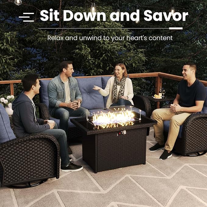 7 Pieces Patio Furniture Sets with Fire Pit Table, Wicker Rattan High Back Outdoor Swivel Rocking Chairs Set with Side Table
