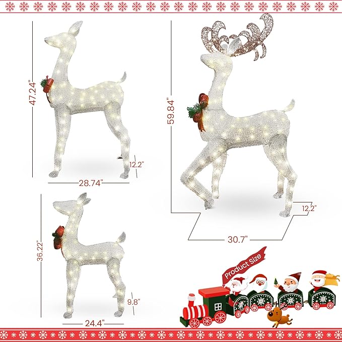 AWQM 3-Piece Lighted Christmas Reindeer, Christmas Deer Family Set with Red Bow, 50+80+100 LED Lights, Indoor or Outdoor Christmas Holiday Decoration for Yards Garden Lawn Patio Light Up Display,White