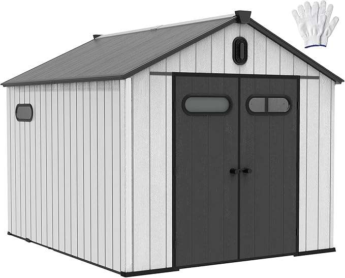 DWVO 8x10 FT Outdoor Storage Shed, 544 cuft Large Plastic Storage Shed with Floor & Lockable Door, Outside Tool Garden Shed with Windows & Vents for Patio Furniture, Lawn Mower, Bike, Black&Gray
