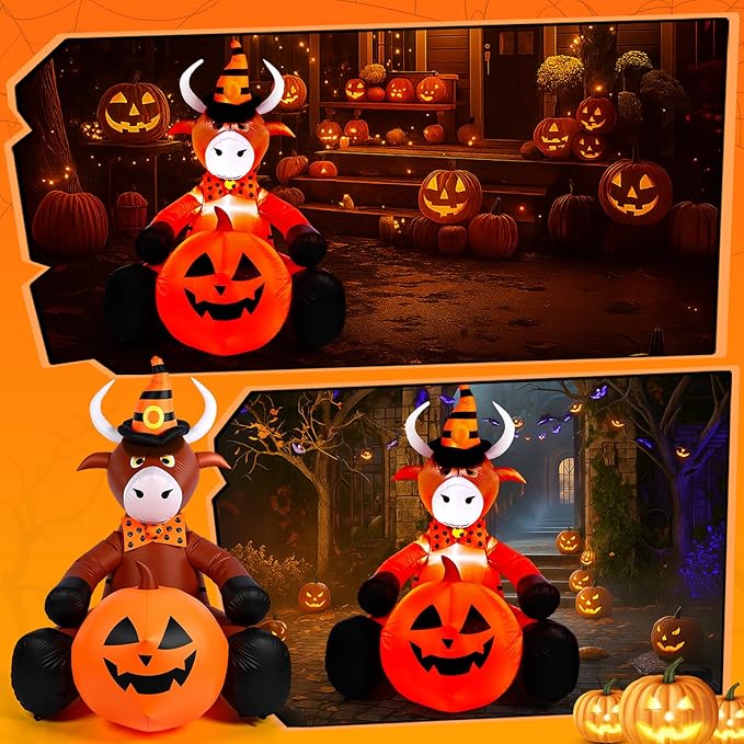 Soulchen 5FT Halloween Inflatable Highland Cow Outdoor Decorations with Witch Hat Holding Pumpkin Built-in LED Lighted Halloween Blow up for Yard Garden Lawn Holiday Party Decor