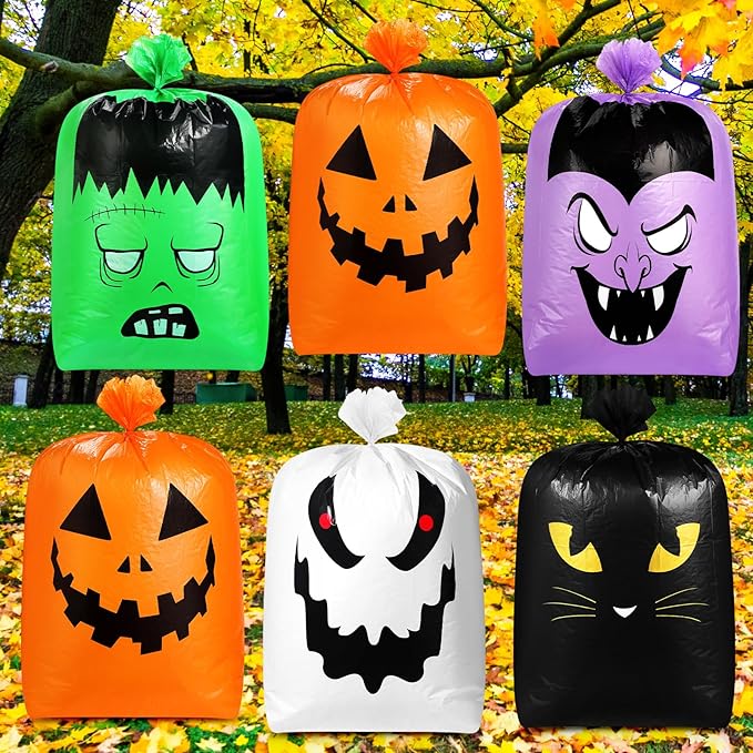 Qilery 6 Pcs Large Halloween Leaf Bags Halloween Reusable Pumpkin Lawn Trash Bags with Twist Ties for Yard, Garden, and Outdoor Party Favors Decorations