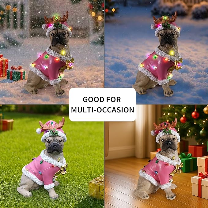 Christmas Outdoor Decoration Dog Statue, LED Light Cute English Bulldog Sculpture with Pink Santa Outfit & Lights for Garden and Yard, Indoor Holiday Décor Gift for mom and dad
