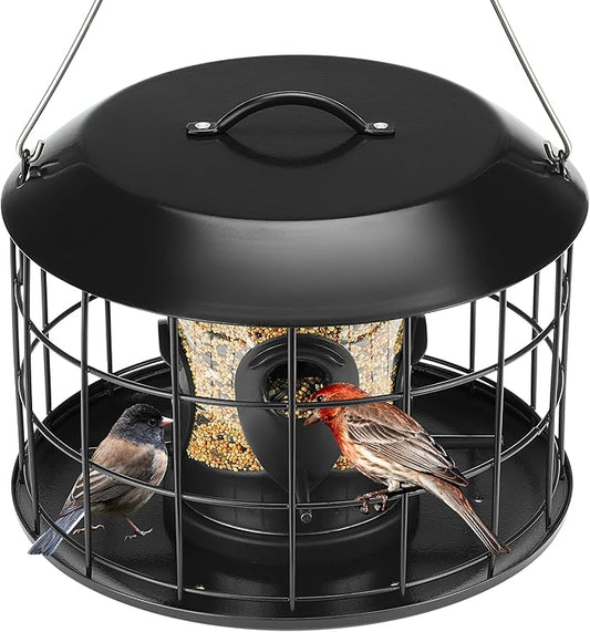 Kingsyard Mesh Caged Bird Feeders for Outdoor Hanging, Tube Squirrel Proof Bird Feeders with Tray for Small Birds Finches Bluebird, Rain Proof Covered, 4 Feeding Ports, Black
