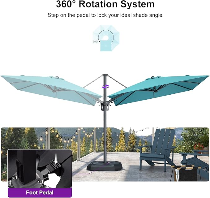 PURPLE LEAF 8' X 8' Tilting Patio Umbrella with Base Outdoor Cantilever Swivel Square Umbrella with Tilt Aluminum Offset Umbrella with 360-degree Rotation for Garden Deck Pool Patio Turquoise Blue