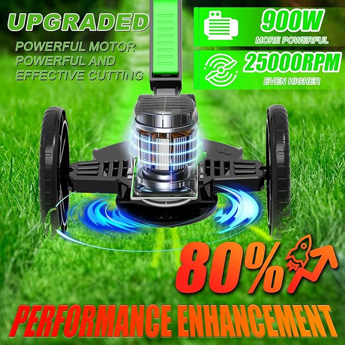 Electric Cordless Weed Wacker Eater Battery Powered Weed Trimmer with 2 21V/2.0Ah Battery Operated & Wheels & Charger & 5 Types Blades, No-String Brush Cutter/Grass Trimmer/Lawn Edger for Garden Yard