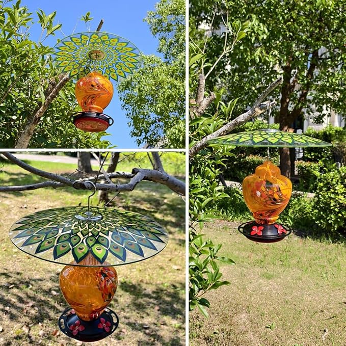 13" Glass Rain Cover for Bird Feeder Outdoors - Pack of 2PC X Baffle on Shepherd Pole/Post or S Hook Hanging - Large Weather Guard Protective Dome - Dia. 33CM - Peacock Feather