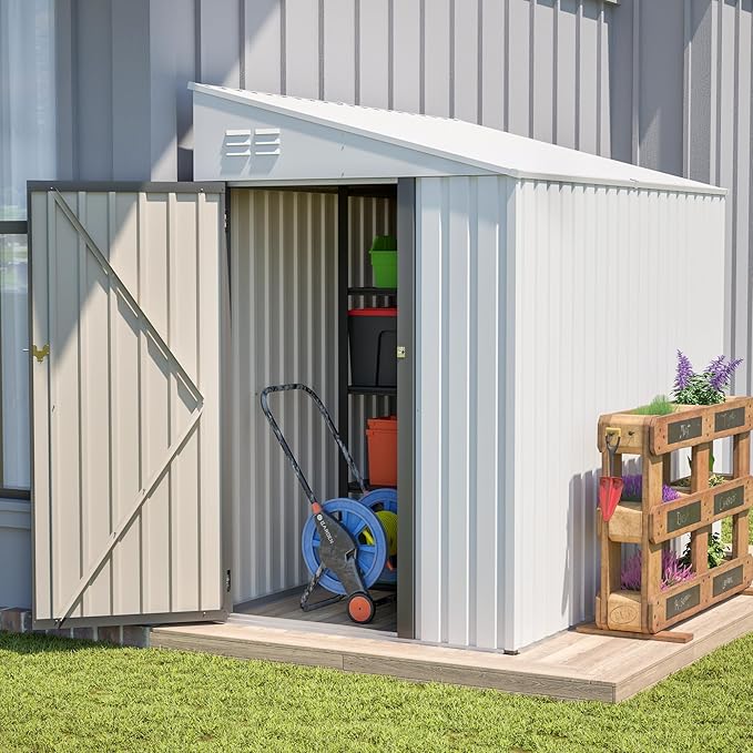 4×8 FT Outdoor Metal Storage Shed,Heavy-Duty Lean to Storage Shed with Lockable Door and Reinforced Beams,All Weather Waterproof Storage House W/2 Air Vents,for Backyard,Patio,Lawn,White