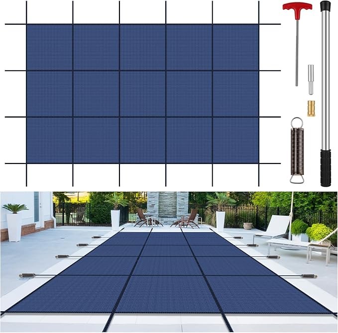 Inground Pool Cover Safety Fits Rectangle Swimming Pool, Mesh Solid Pool Cover for Inground Pools,Winter Pool Safety Cover Includes Safety Net and Installation Tools Blue (Blue, Fits 16x36ft Pools)