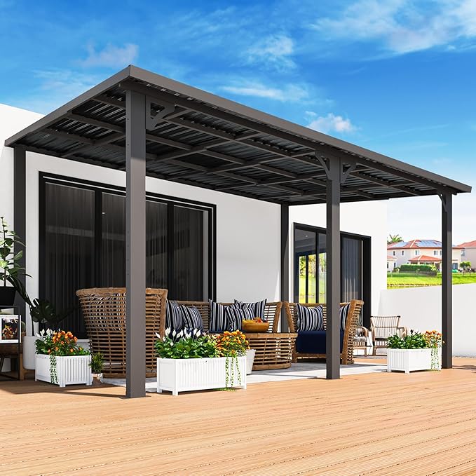 AECOJOY 14' x 10' Hardtop Gazebo Outdoor Pergola, 10x14 Large Heavy Duty Lean to Metal Pergolas and Gazebos on Clearance, Wall-Mounted Grill Gazebo Galvanized Steel Patio Roof Awnings for Patio
