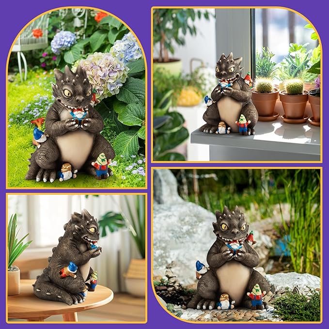 Garden Decor Statue, Dinosaur Eating Gnomes Garden Statues Outdoor Decor, Funny Monster Gnome Figurine Outside Clearance for Patio Yard Decorations