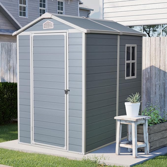 4x6ft Outdoor Storage Shed, Resin Patio Furniture Storage with Lockable Door, All-Weather，Garden Shed Kit with Reinforced Floor & Natural Light Window，UV Protection， (Gray, 4x6ft)